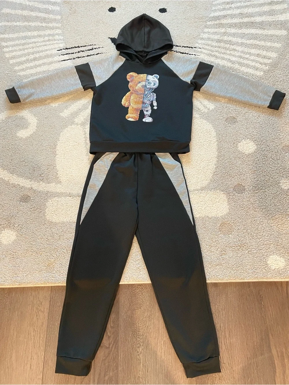 Kids Black & Gray Hoodie and Jogger Set - Teddy Graphic